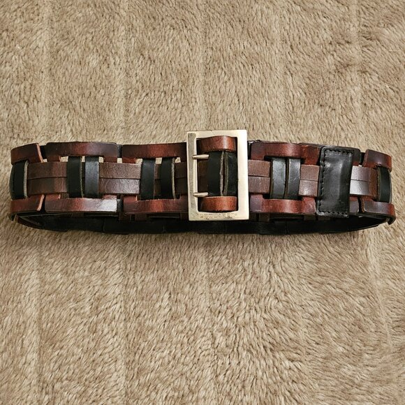 $495 D Squared woven leather double prong brown belt 37-38 Western Heavy Duty Two-Toned Basket Weave Full-Grain  main image 4